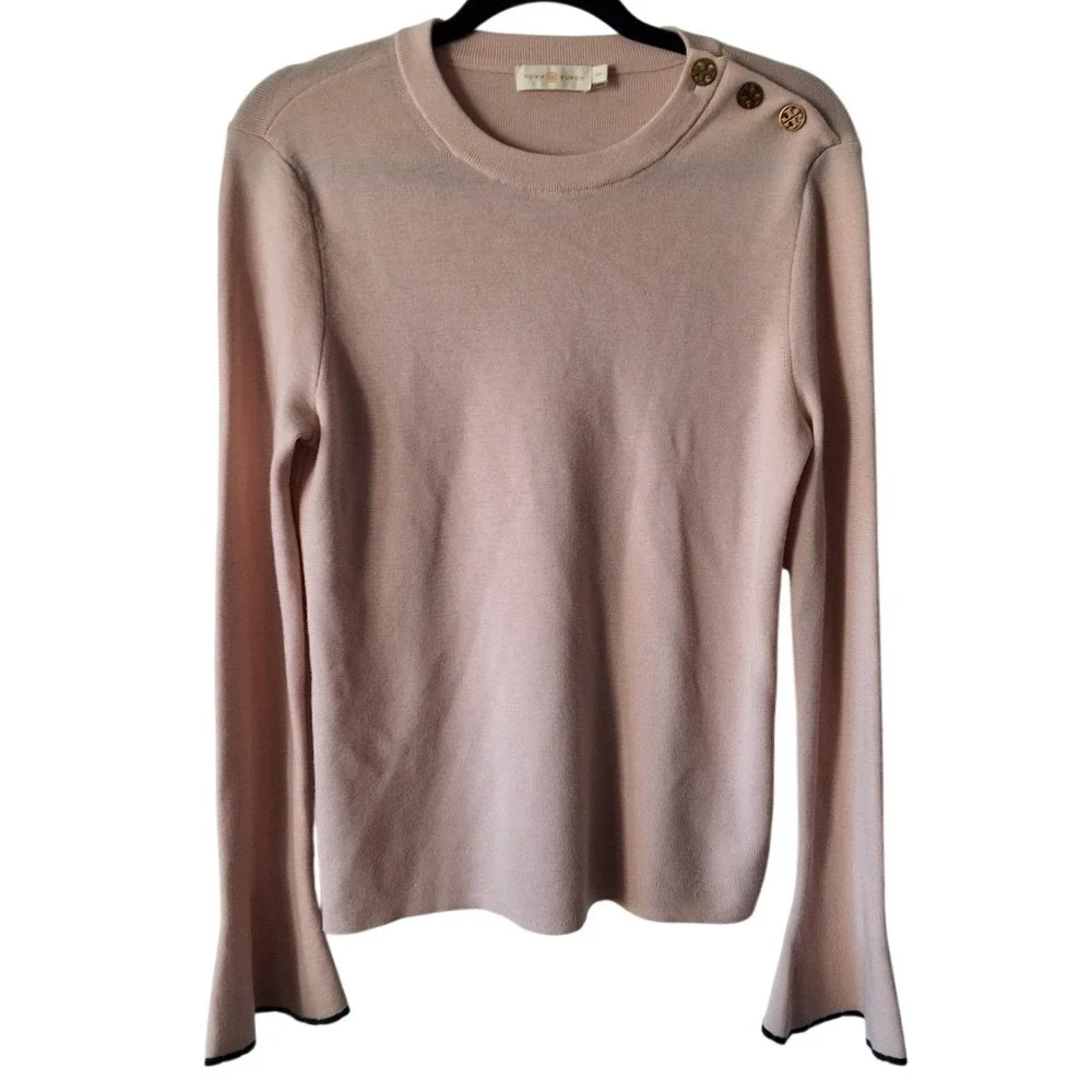 Tory Burch Women‎ M Kimberly Bell Sleeve Merino Wool Holiday Preppy Sweater Pink